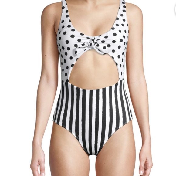 Pin-Up Polka Dot Striped Tie Front Keyhole Cheeky 1-Pc Swimsuit XL White Black - Picture 2 of 16